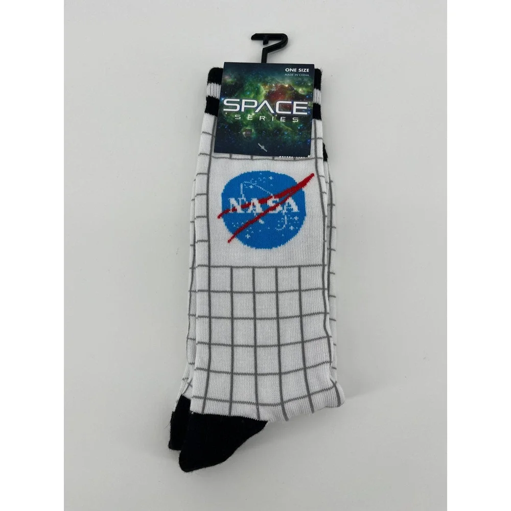 NASA Space Series Crew Socks Adult 7-12 White Gray Logo Grid NWT Official